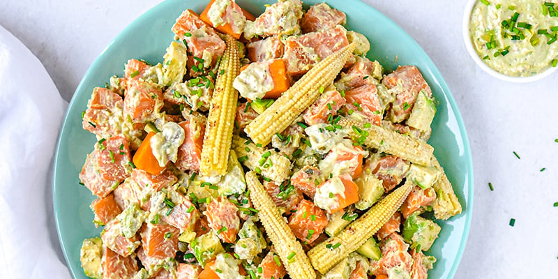 Sweet potato salad with mini corn and avocado