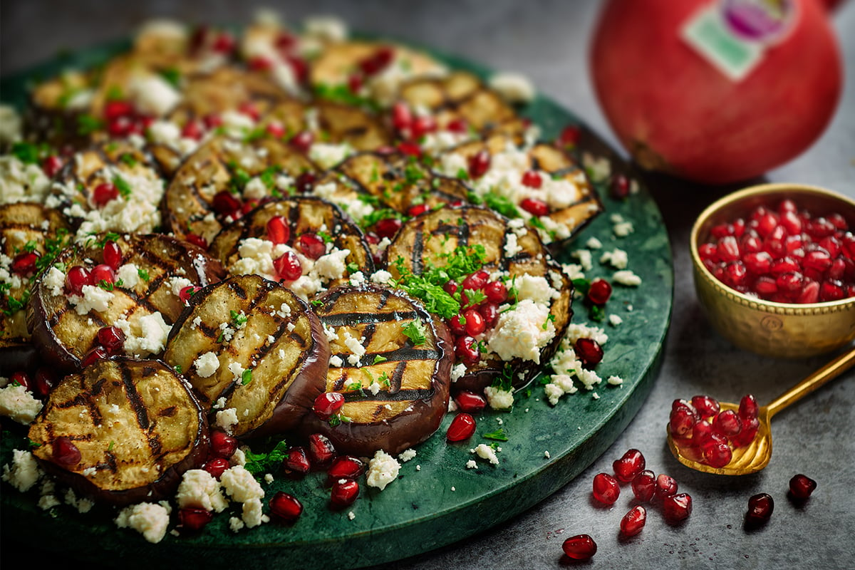 Granaatappel - Gegrilde aubergine met granaatappel en feta